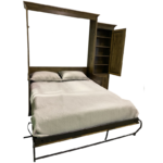 fully open Murphy bed with bookcase on the side